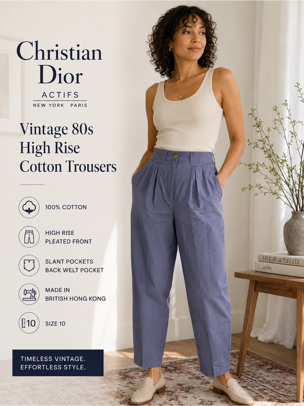 Vintage Christian Dior Actifs 80s High Rise Pleated Cotton Pants Size 10